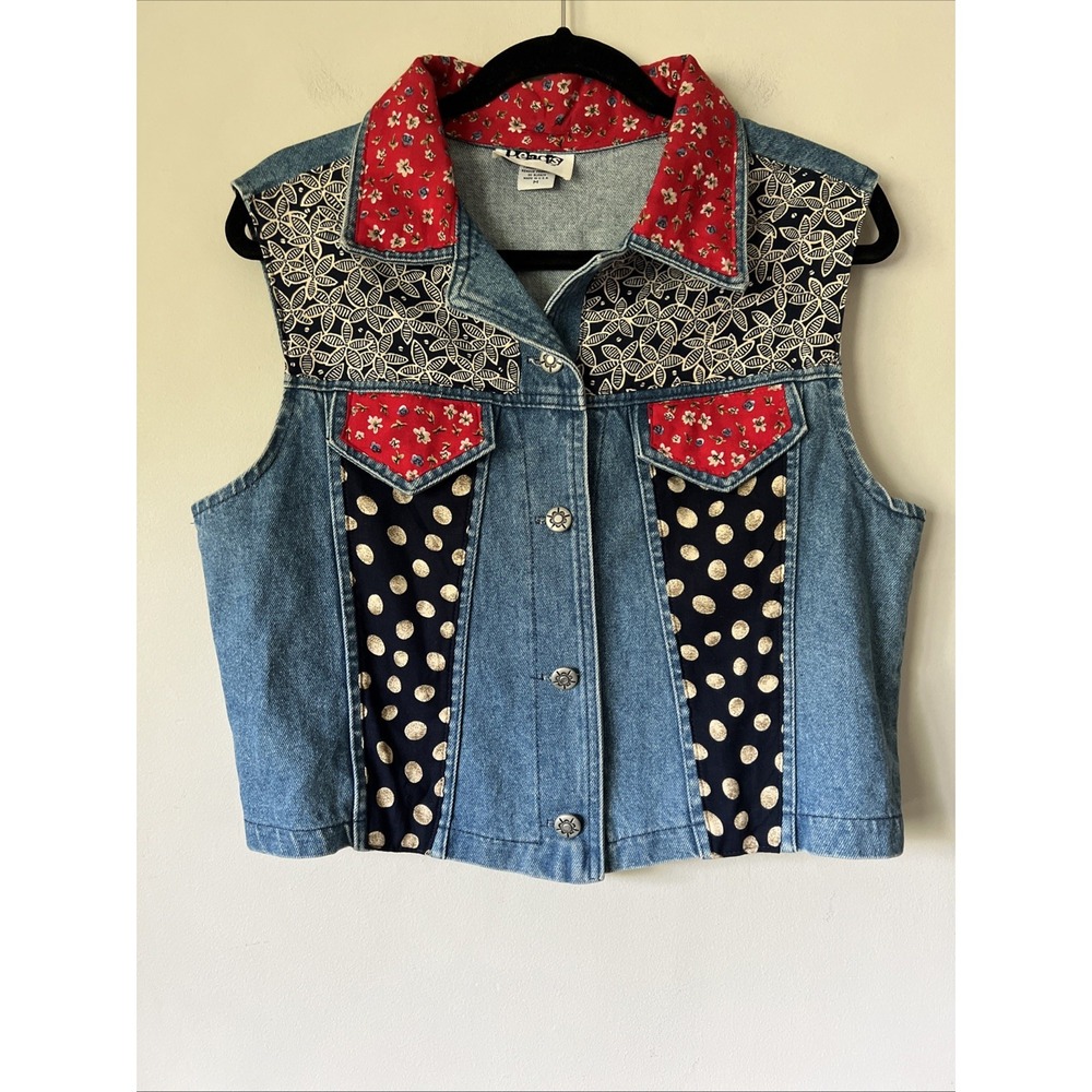 VTG Peaces USA Denim Vest M Floral Patch Western Boho Cottagecore USA
